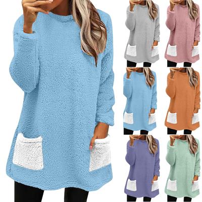 Damesmode Casual Lange Mouw Zak Kleurblokkering Pluche Sweatshirt T-shirt Top