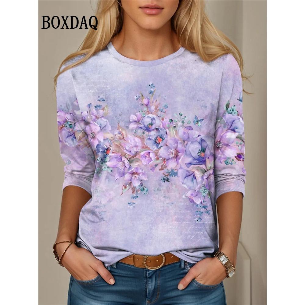 Tie Dye Rose Flower Print T Shirt Spring Women Long Sleeve Shirts Casual O-Neck Loose Plus Size Tops Fashion Clothes