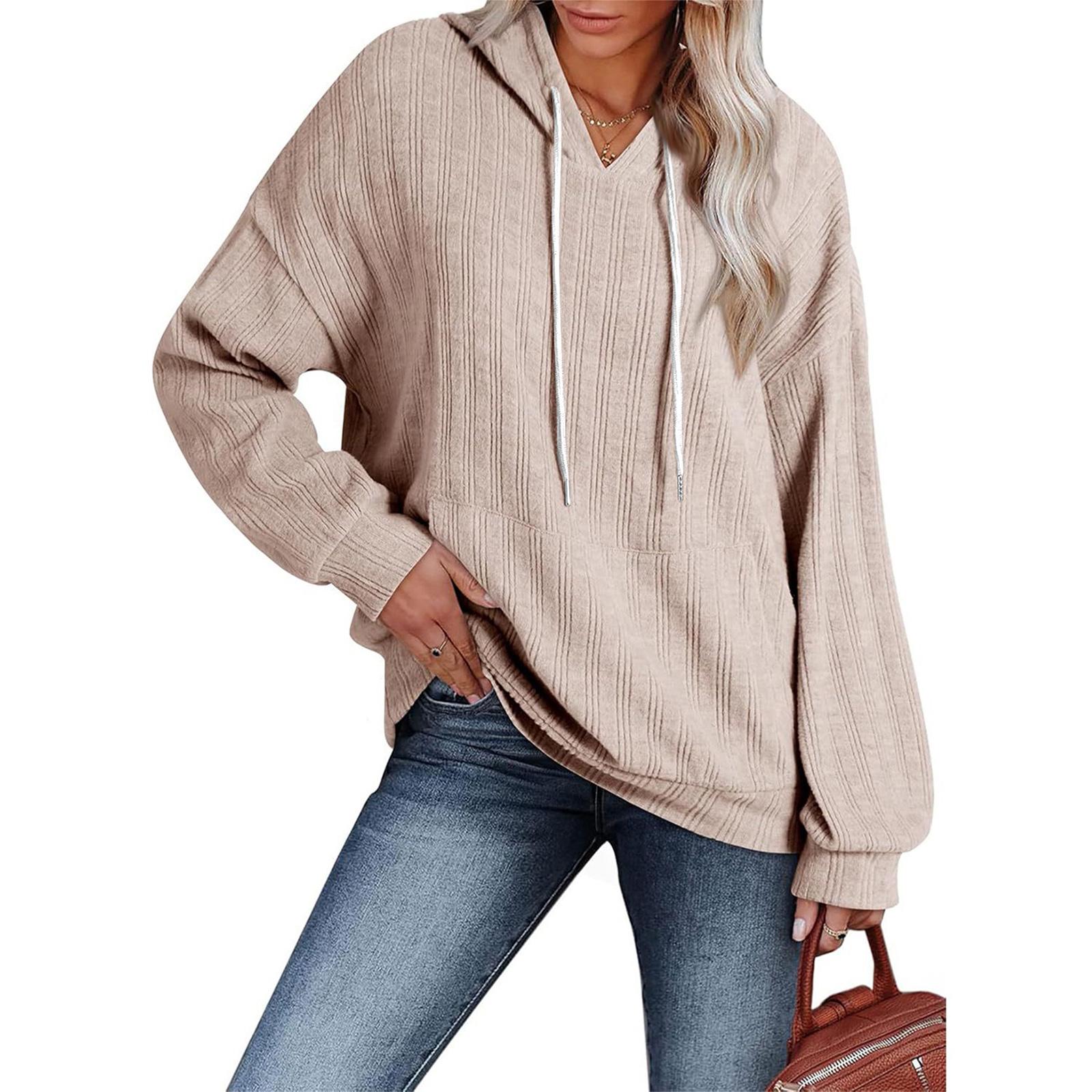 Fashionable Women s Casual Loose Color Long-sleeved Pocket Hooded Sweatshirt L