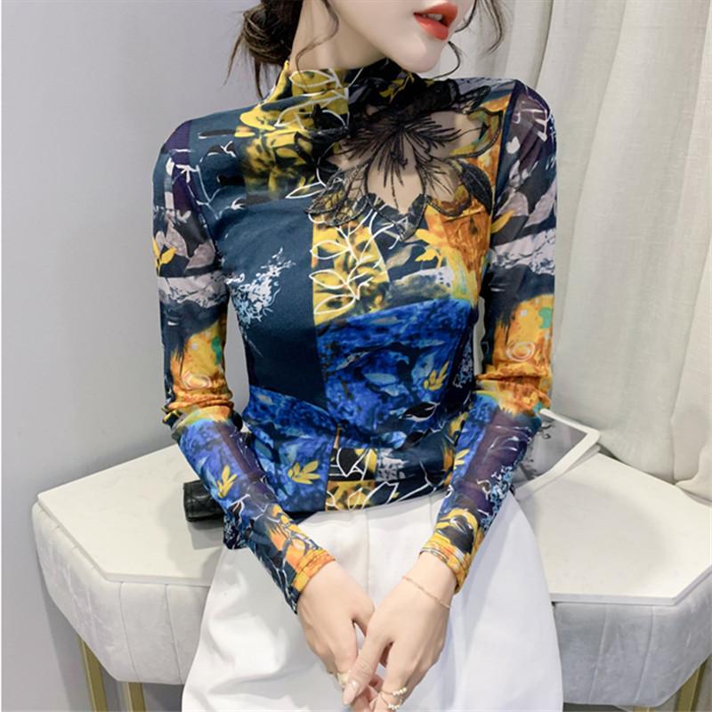 Mesh Hollow Short-sleeved T-shirt for Women's Spring and Autumn New Base Shirt Printed Top Sexy Half Turtleneck Shirt