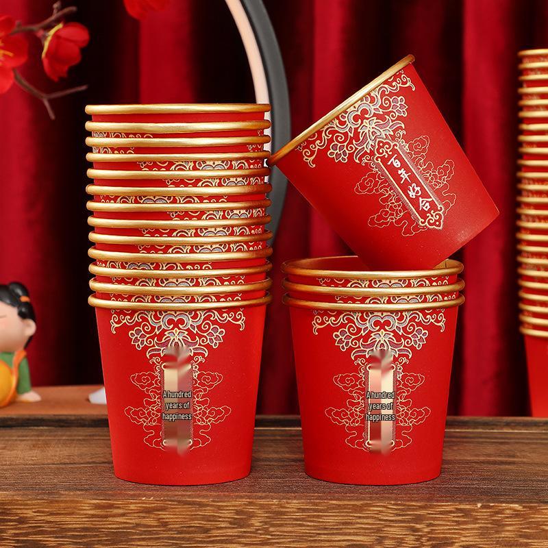 Gold Foil Disposable Wedding Cups - Thickened Red Tea Ceremony & Celebration Cups