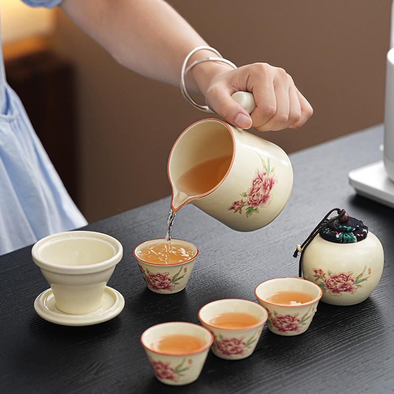 Ru kiln new tea set ceramic home living room office peony teapot light luxury gift company annual meeting
