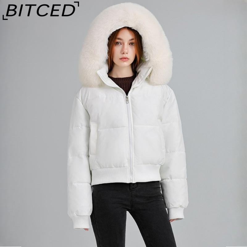 BITCED High-Waisted Oversized Fur-Trimmed Hooded Cropped Cotton Jacket for Women Autumn/Winter Down-Filled Cotton Jacket Slim-Fit Jacket Outerwear