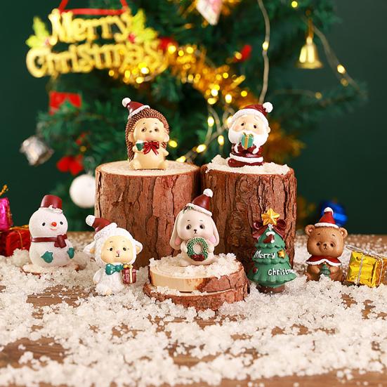 Christmas Miniature Figurines Mini Resin Santa Claus/Snowman/Tree/Bear/Rabbit Figurine 3D Cute Christmas Statue for Desk Decor Dollhouse Accessory