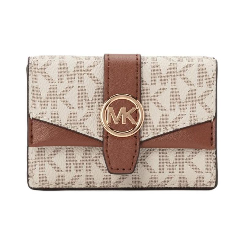 MICHAEL KORS Tri-fold design with metal logo detail Coated canvas Wallet Extra Small Women s Vanilla White with Leather Brown золотой