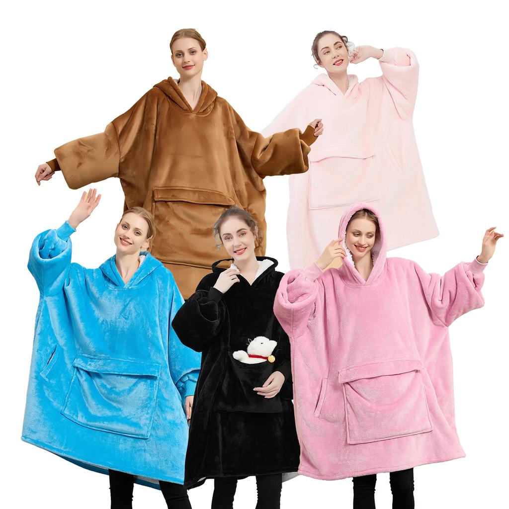 Manufacture Comfortable 100% Polyester Hooded Blanket Flannel Fleece Solid Color Cozy Warm Blanket Hoodie