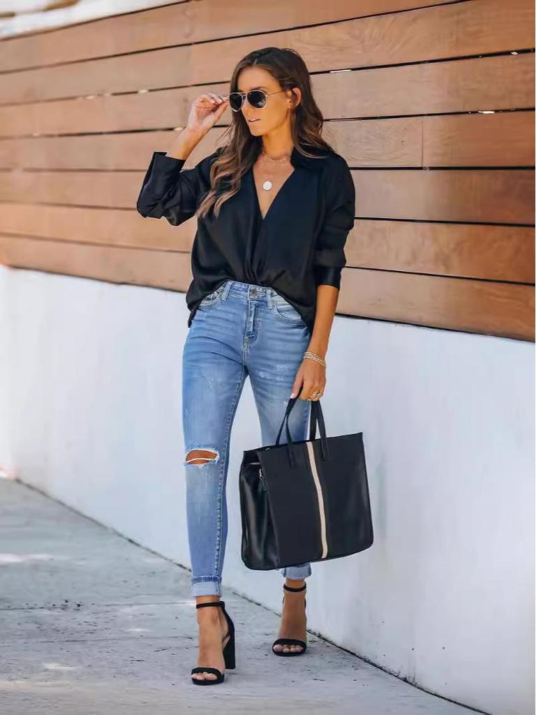 European and American Blue Ripped Skinny Pencil Jeans - In Stock
