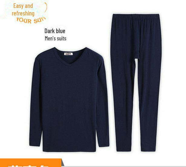 Yi Ershuang Unisex V-Neck & Round-Neck Thin Ribbed Long-Sleeve Shirt and Pants Set - Cotton Wool Solid Color Autumn Wear
