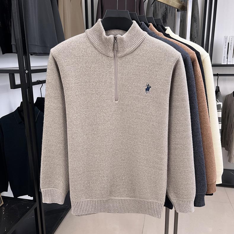 Men's Winter Embroidered Pony Logo Fleece Sweater - Semi-High Neck, Thick Knit