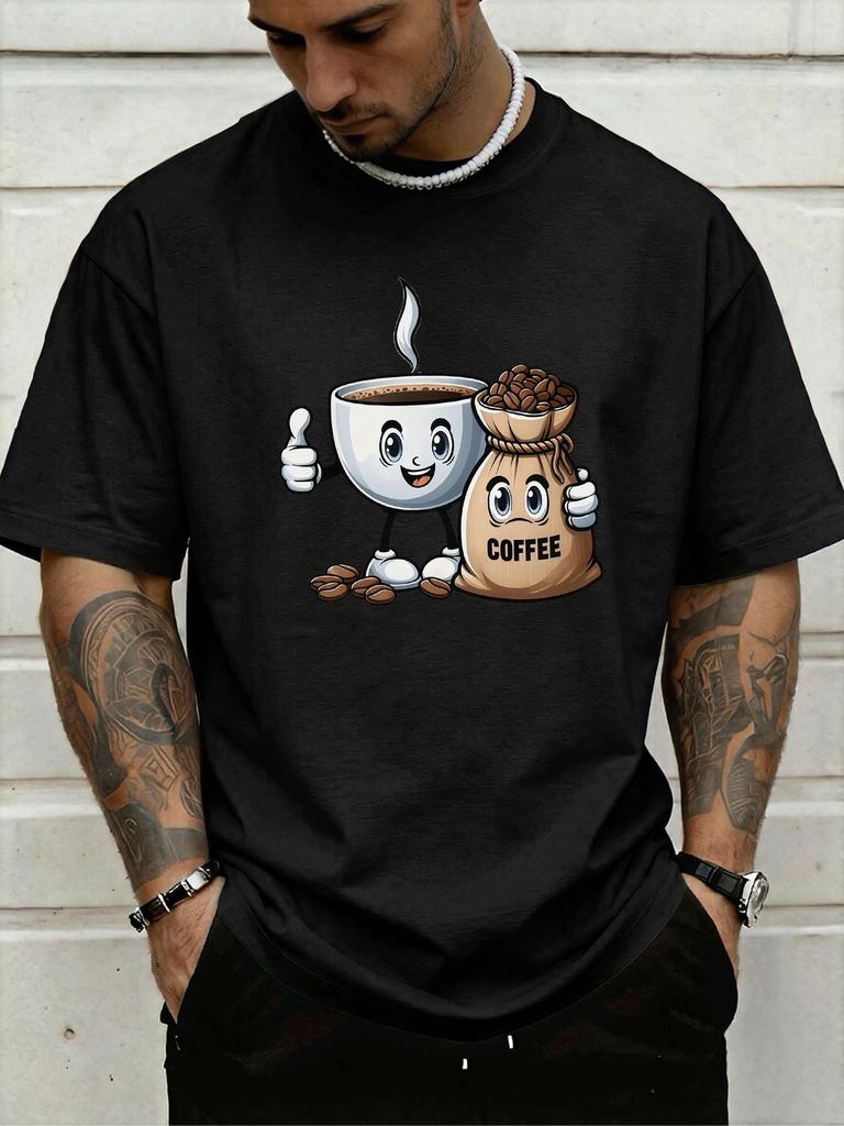Navy Blue Unisex Crew Neck Tee Cartoon Coffee Cup Bean Bag Print Soft Cotton Short Sleeve Summer Loose Casual Street Daily T Shirt