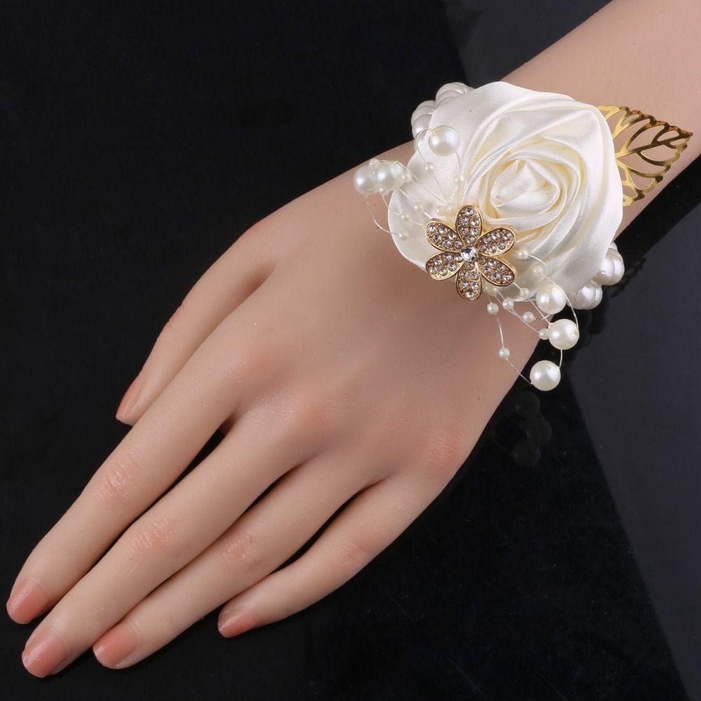 Artificial Rose Bridesmaid Wrist Flowers Pearl Wedding Flower Bracelet Wrist Corsage Girls