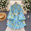 French retro blue long-sleeved floral dress women's stand-up collar lace-up waist thin A-shaped dress lady style