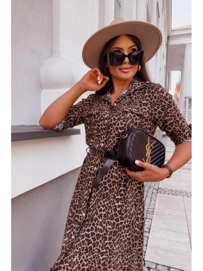 Large Leopard Print Long Sleeve Shirt Dress