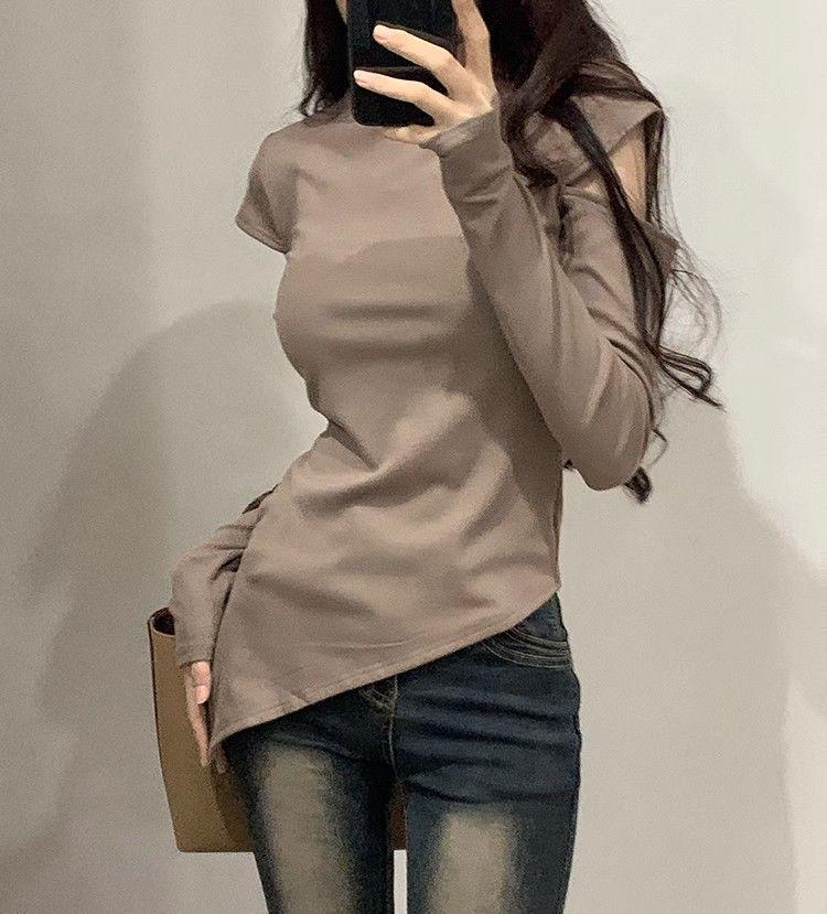 Women's Off-Shoulder Slim Fit Brushed Turtleneck Long Sleeve Top for Autumn/Winter