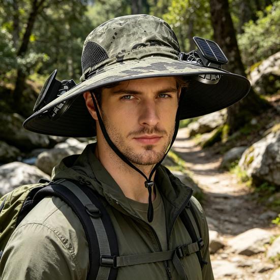 Men Hat Summer Outdoor Mountaineering Fishing Anti-UV Sun Hat with USB Solar Charging Built-in Fan Three Speed Settings Hiking Cooling Hat