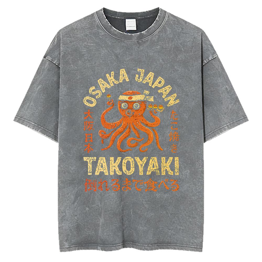 Vintage Washed Osaka Dotonbori Drunken Octopus Takoyaki Funny T Shirts Men Women Retro Japanese Style Oversized Cotton TShirts