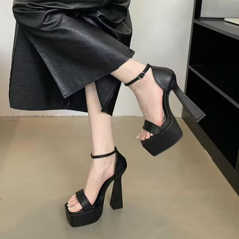 15Cm Thick Heel Waterproof Table Square Head One-word Buckle with High Heel Sandals Nightclub Sexy Catwalk Performance Shoes 2025 Summer