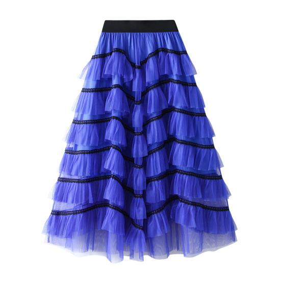 Women Skirt High Waist A-line Big Swing Ruffle Contrast Color Scattered Hem Pleated Patchwork Princess Style Elastic Waist Ankle Length Maxi Skirt