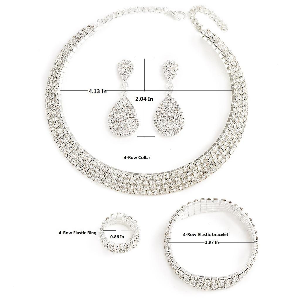 Bride's wedding dress - silver four-row necklace, earrings, elastic wristbands, elastic rings - a set of 4 items