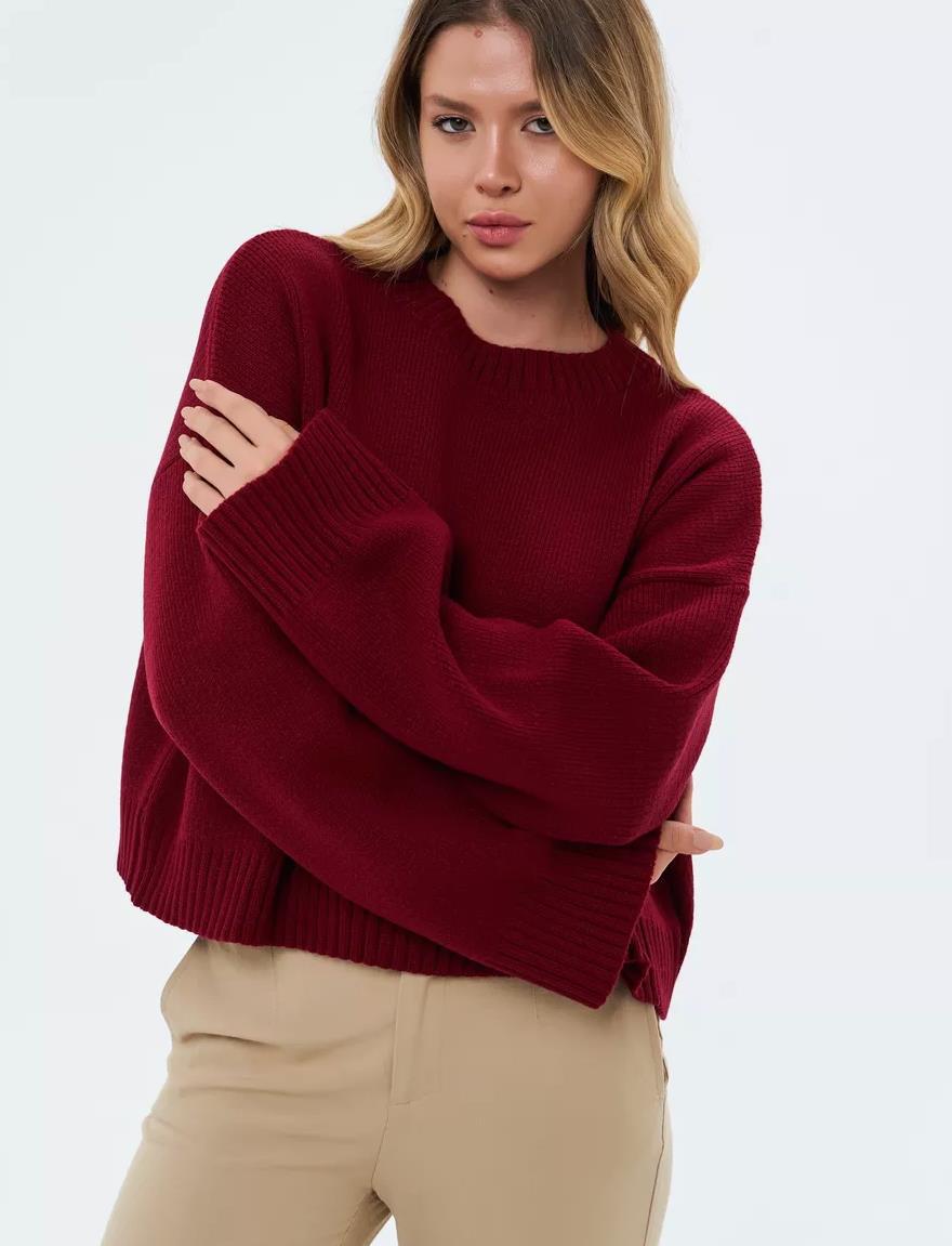 

Зимний пуловер с круглым вырезом, свободный свитер с длинными рукавами однотонной расцветки для женщин XL винный