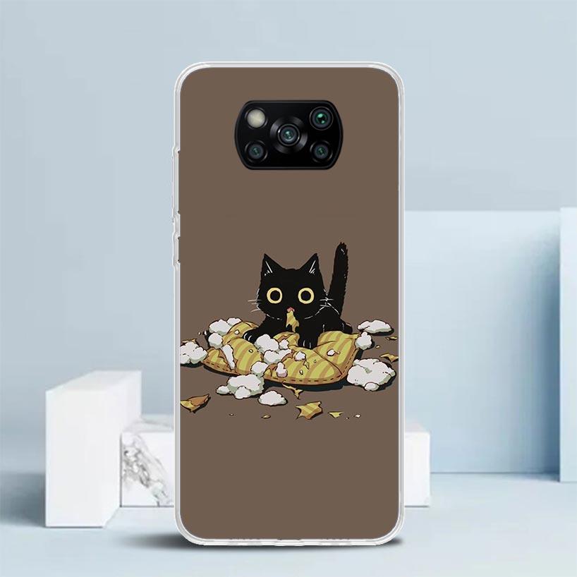 Cartoon Cute Black Cat Phone Case For Xiaomi Poco F7 Ultra X5 X6 X7 Pro M7 Redmi 15C 15 13C 13 12C 12 10C 10 10A 9 9C 9A 9T Cove