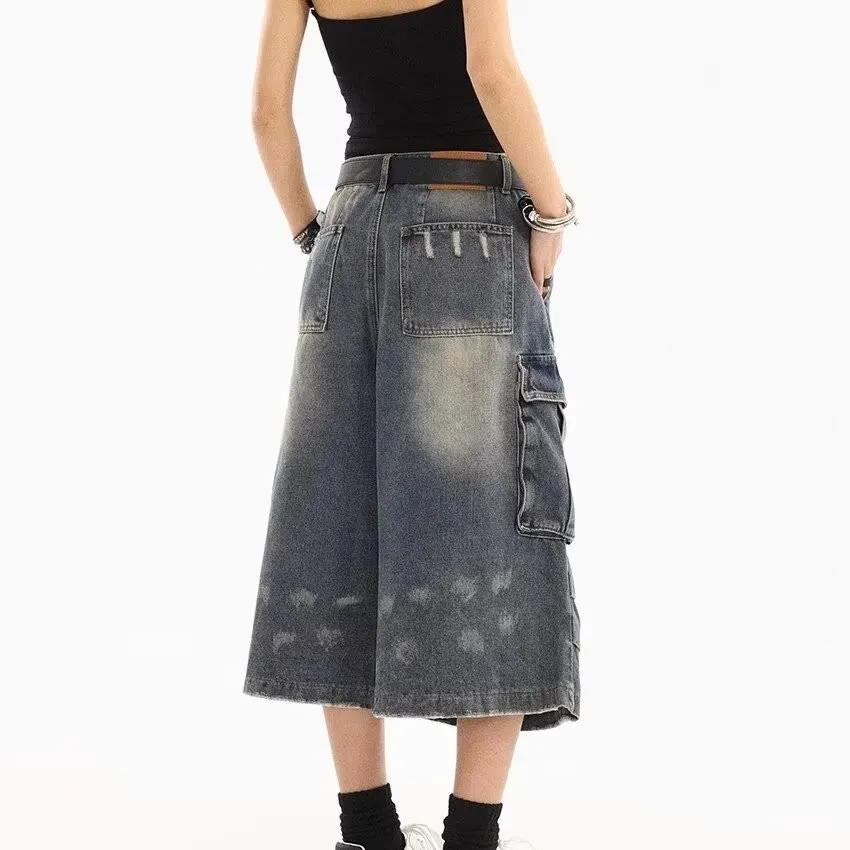 Pantaloni scurți din denim pentru femei, stil american, vintage, spălați, cu buzunare multiple, design plisat, lejer, drapeați, de șapte picioare