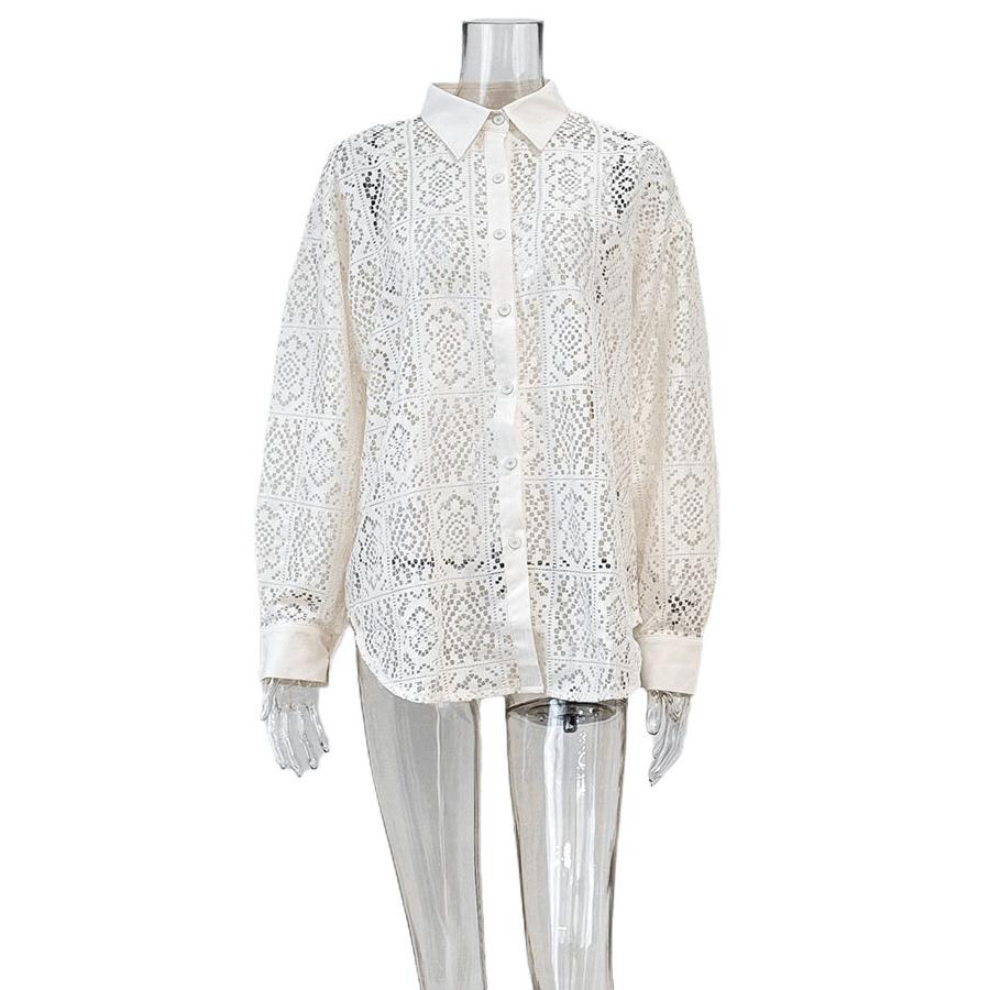 Fashionable High-End Retro Lace Hollow Shirt Versatile Commuting Long Sleeve Blouse Women's Hot Item