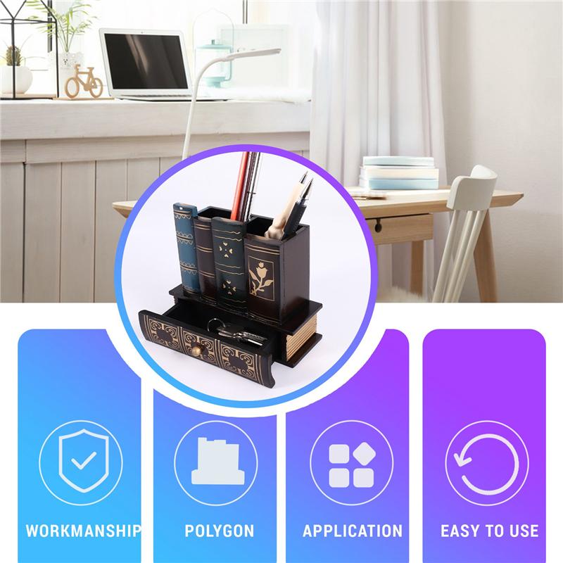 A72U Multifunction Retro Wooden Pen Holder Book Shape Wood Craft Home Decor Pencil Desktop Storage Box Drawers Stationery Holder