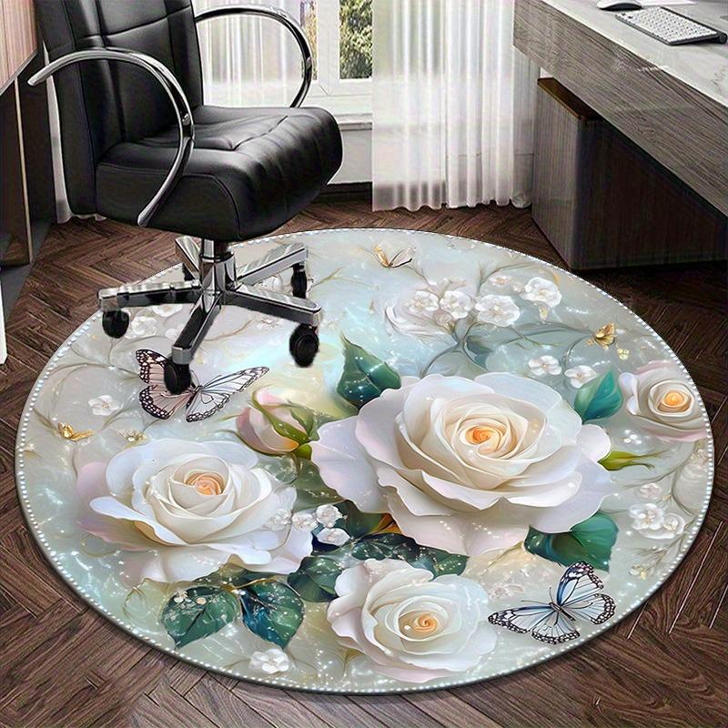 1pc Floral Round Rug - White Roses, Butterflies and Delicate Flowers, Polyester, Suitable for Bedroom Living Room Decoration