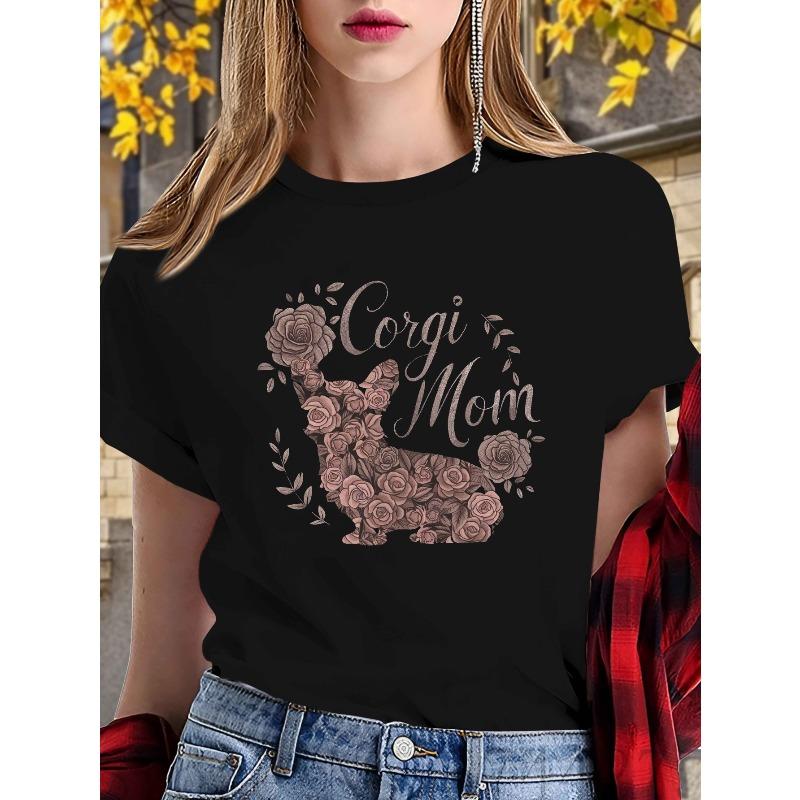 

European Size Corgi Mom Floral Polyester T-Shirt for Women - Comfort Fit, Crew Neck, Casual Style, Machine Washable 4XL