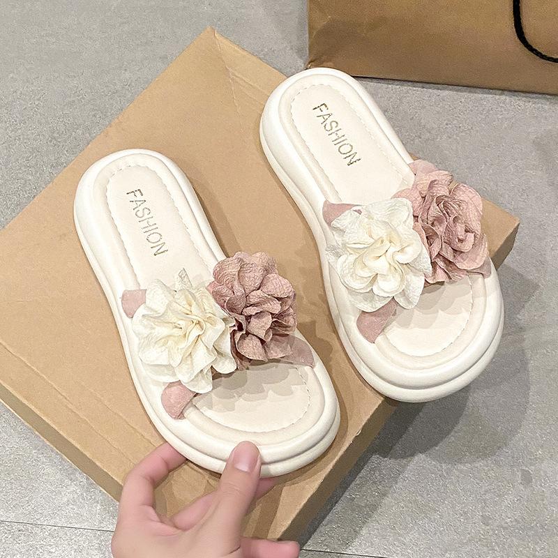 New One-word Slippers Women's Summer Wear Two-color Flower Thick-bottomed Cool Slippers Fashionable Non-slip Comfortable Beach Sandals