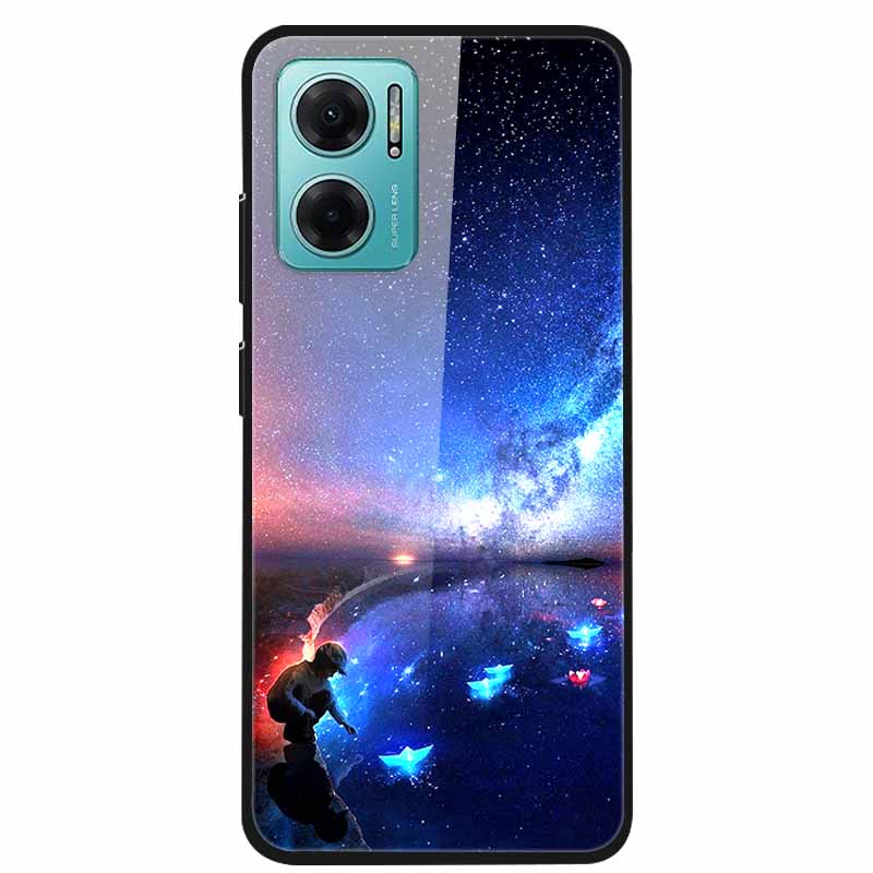 Case For Xiaomi Redmi Note 11E Luxury Tempered Glass Hard Back Cover For Redmi Note 11E Capa Shockproof Flower Funda Wolf Coque