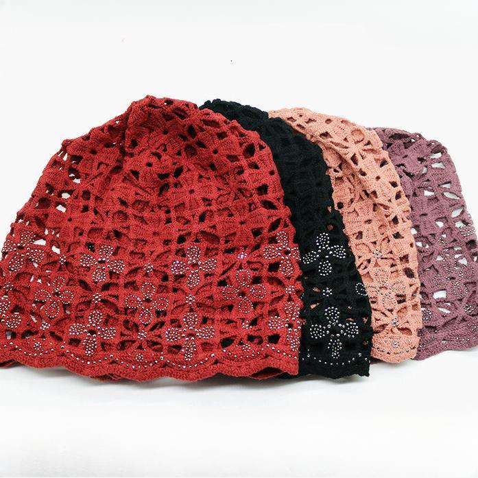 Women's Spring Summer Single Layer Thin Hollow Flower Rhinestone Headscarf Hat Breathable Lace Crochet Cap for Covering White Hair Slouchy Hat