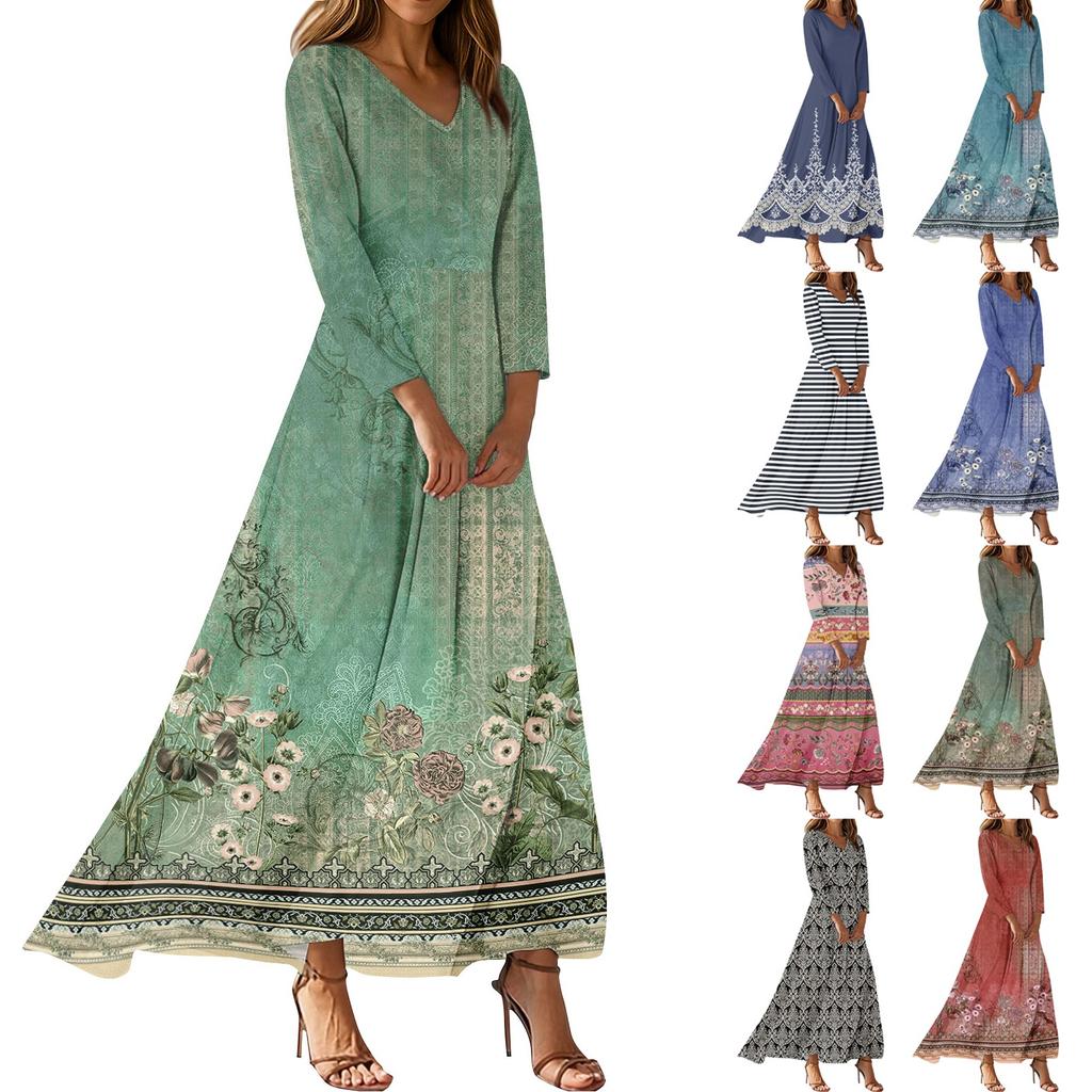 Kjoler For Damer Vintage Blomst Tunika Midjet Midi Kjole Sommer Casual 3/4 Ermet Kjole
