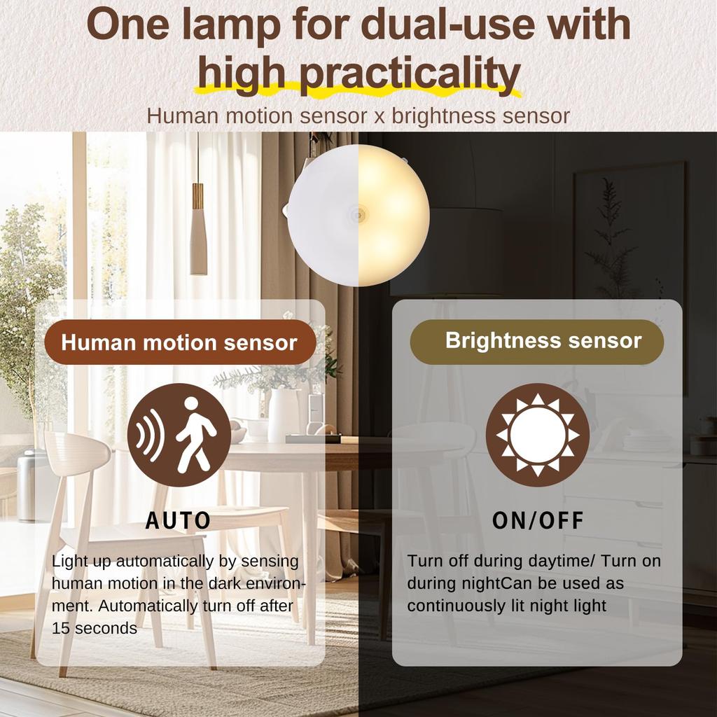 Iseebiz Sensor Motion Sensor Night Indoor Light Auxiliary USB for Warm White Light Light, Light, Light, Light, Sensor, 360° Rotation, LED, Footlight,