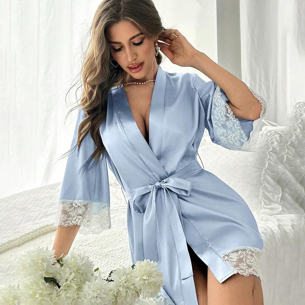 Women's Sexy Lace Bathrobe Pajamas Female Soft and Comfortable Solid Color Sleepwear V-Neck Bathrobe Pajamas