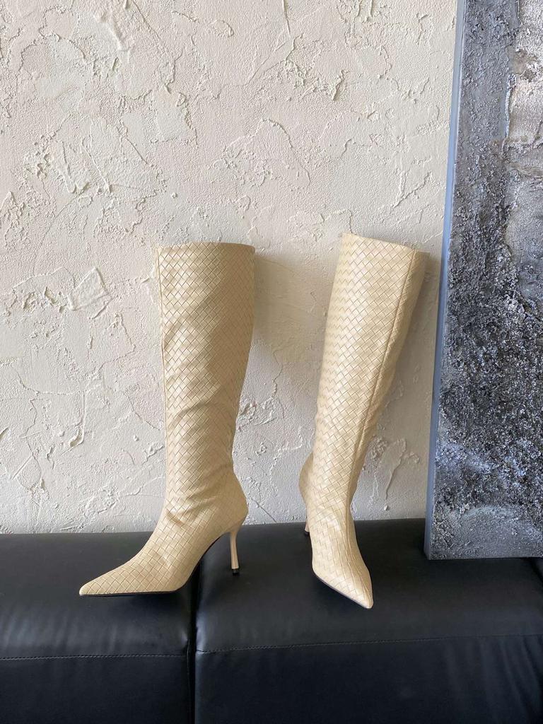 2025 Autumn and Winter New Woven Pointed Thin Heel High Tube But Knee Boots Fashion High Heel Short Boots Women