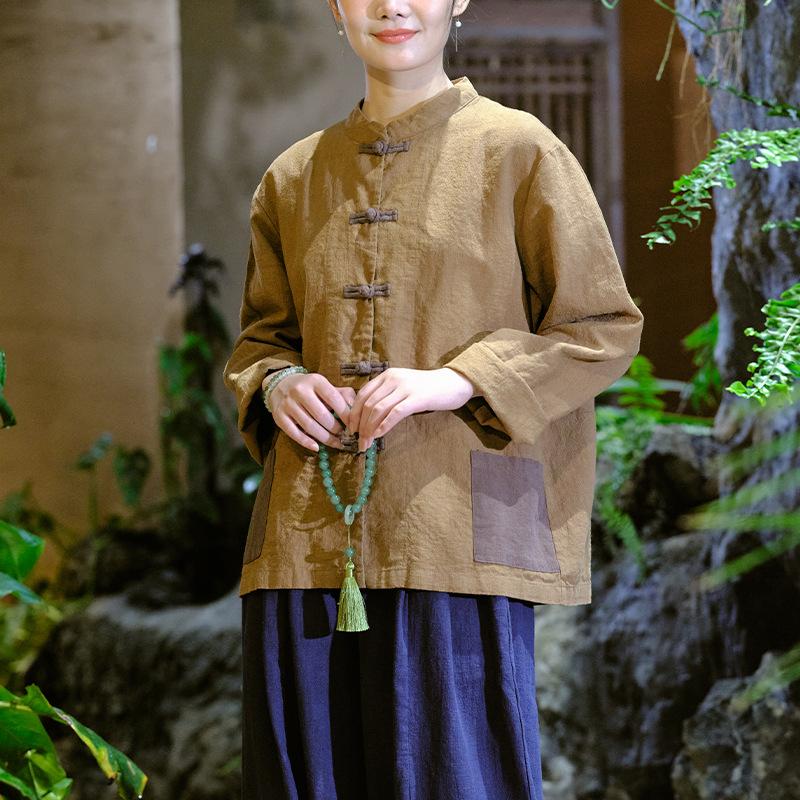 Johnature Damskie koszule w stylu chińskim Topy lniane patchworkowe kieszenie wiosenne bluzki stoją koszule damskie z długim rękawem