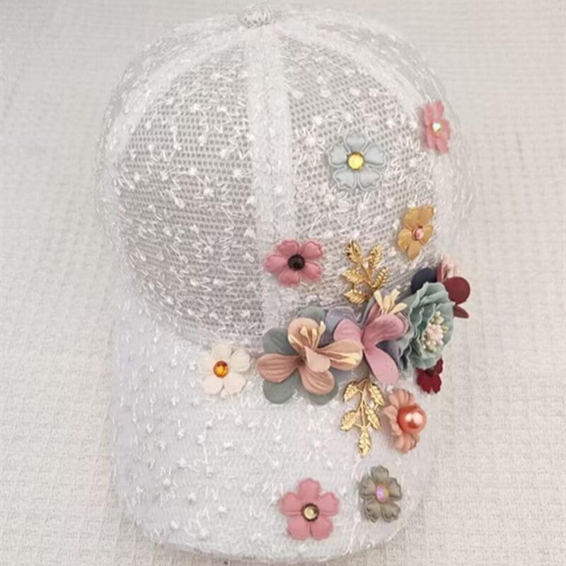 Elegant Floral Embroidered Mesh Cap for Women - Lightweight Breathable Adjustable Baseball Hat with Faux Pearl
