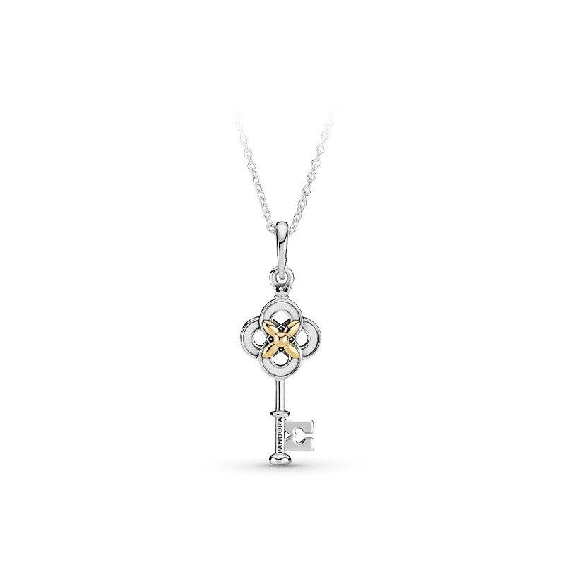 Pandora Two-Tone Key And Flower Pendant 14K Gold 925 Silver Necklace Women necklace 399339C01-70 Box