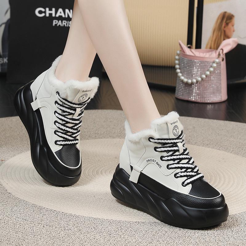 Damen Weiße Samtgefütterte High-Top Leder Schneestiefel: Größenerhöhend, Warme Winterbekleidung