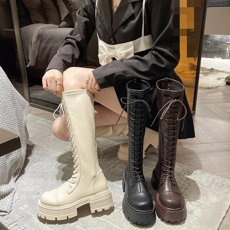 Platform Lace-up Boots Women's Autumn and Winter New Elastic Shows Skinny and Heightens Little Man Knee-Free Long Knight Boots