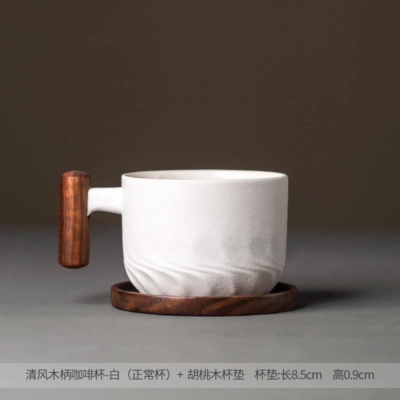 Wooden Handle Ceramic Coffee Cup Kung Fu Teacup Frosted Ceramic Mug Household Drinking Utensils Home Decoration Latte Flower Mug