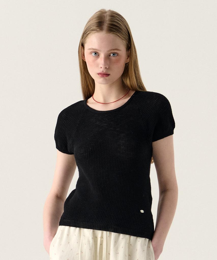 Tudument Puff Sleeve Round Neck Knit Top Black