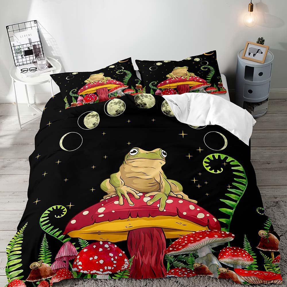 Red Mushroom Three-piece Quilt Cover 3D Digital Printing Bedding Set Green Plant Plant Fungus Bed Cover