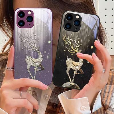 Luxus Hirsch Blau Rosa Für IPhone 16 Pro Max 15 Pro 14 13 12 Mini 11 XS Max XR 7 8 Plus SE 2022 Gehärtetes Glas Handyhülle