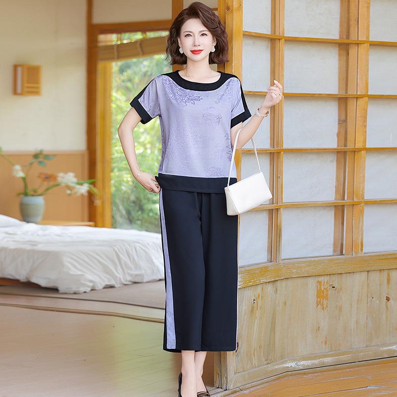 

Mom s Summer Chiffon Short-Sleeved Suit: Elegant Two-Piece Top + Pants for Middle-Aged and Elderly Women 4XL [for 130-145 jin]