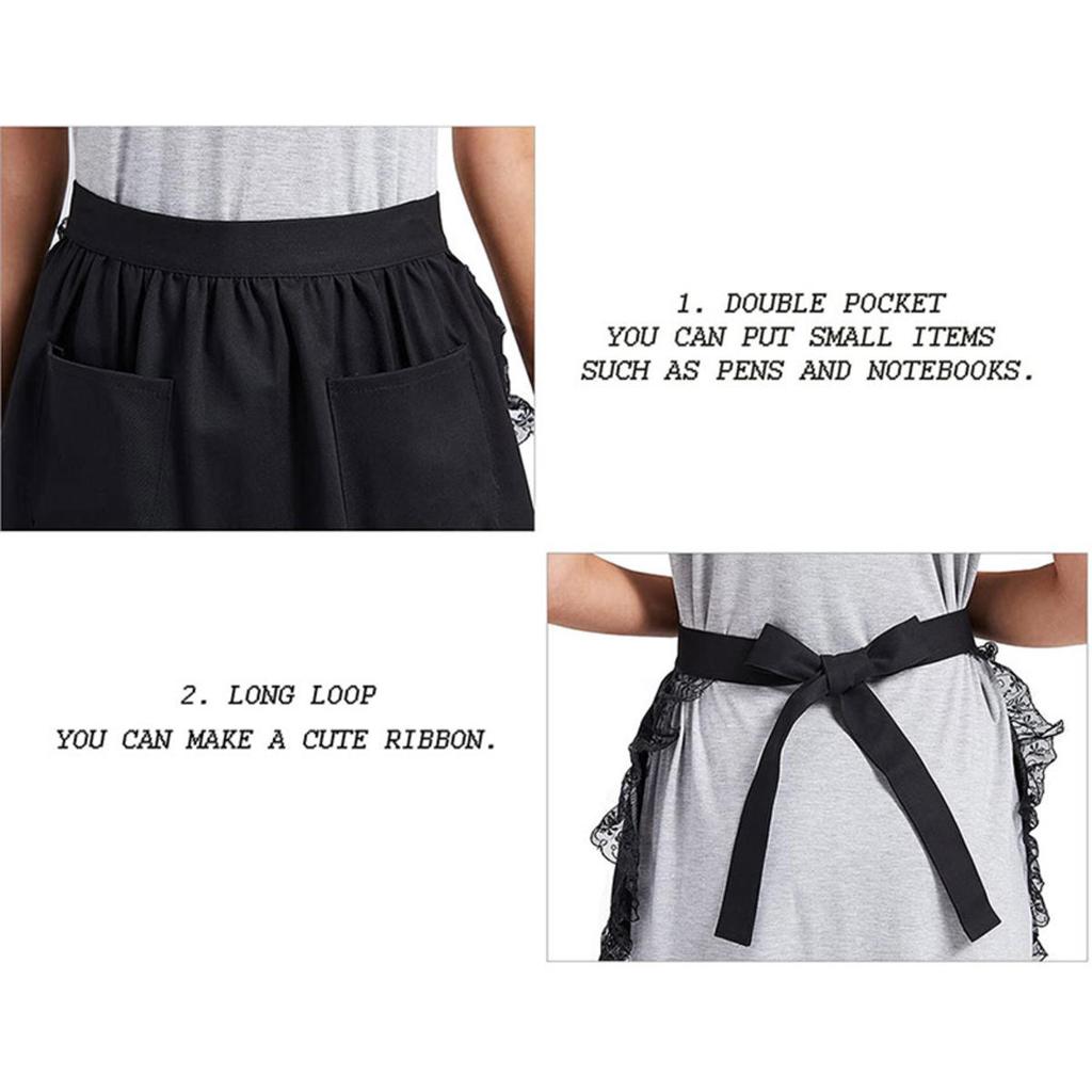 Lace/Ruffled Decor Woman Apron Half Waist Short Cosplay Maid Lolita Pinafore Baking Kitchen Cleaning Bib with Pocket