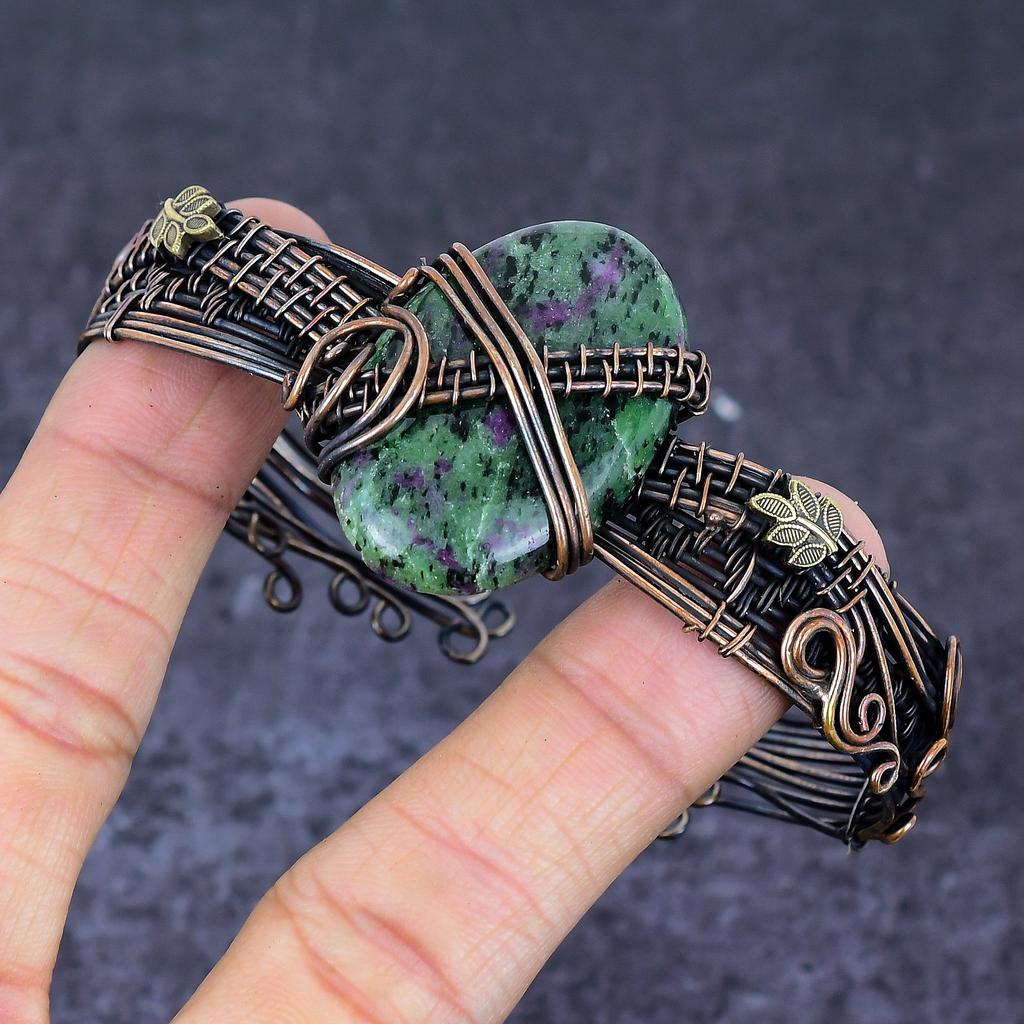 Ruby Zosite Gemstone Copper Wire Wrap Cuff Bangle Adjustable