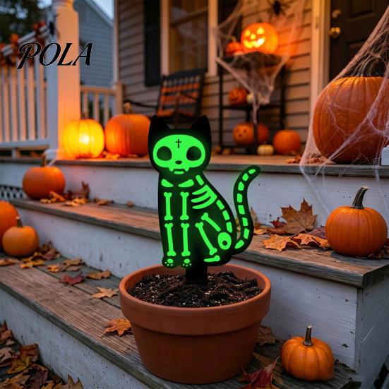 Luminous Outdoor Halloween Decorations Skeleton Cat Garden Stake, Glow in The Dark Ornament, Spooky Black Lawn Decor Acrylic Yard Art Stake